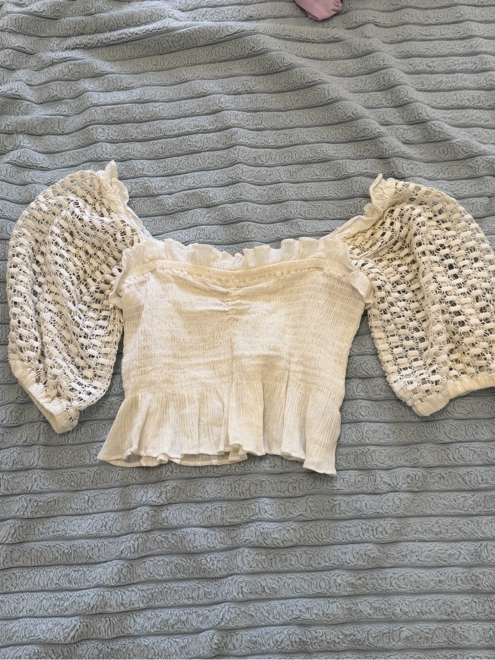Surf Gypsy Cream Smocked Off-Shoulder Crochet Sleeve Crop Top